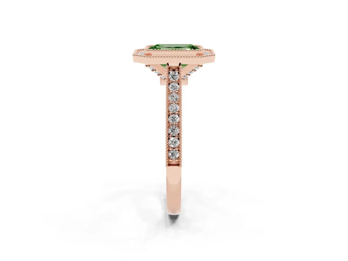 Fancy Green Halo Emerald Cut-Cut Diamond Pave Band Milgrain Prong Setting Ring Rose gold