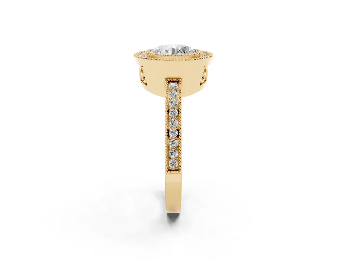 Round Cut Cut Halo Diamond Ring with Pavé Band and Milgrain Prong Setting Yellow gold