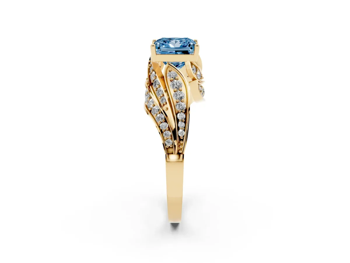 Fancy Blue Princess Cut Diamond Solitaire Ring with Prong Setting and Twisted Pavé Band Yellow gold