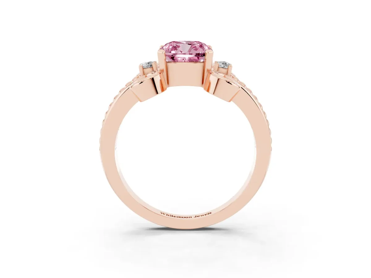 Fancy Pink Cushion Cut Solitaire Twisted Band Scroll Prong Ring Rose gold