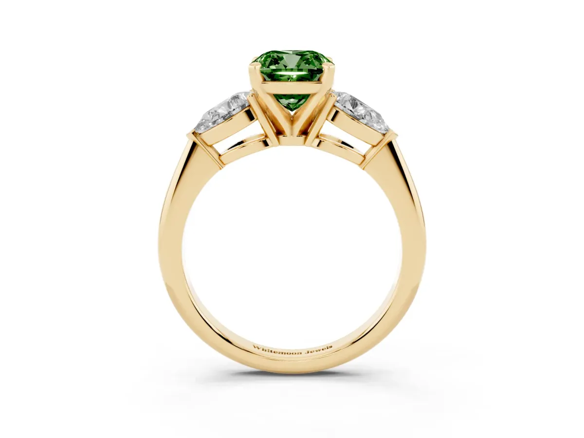 Fancy Green Three-Stone Cushion Cut Diamond Ring with Pear Side Stones and Four-Prong Setting Yellow gold