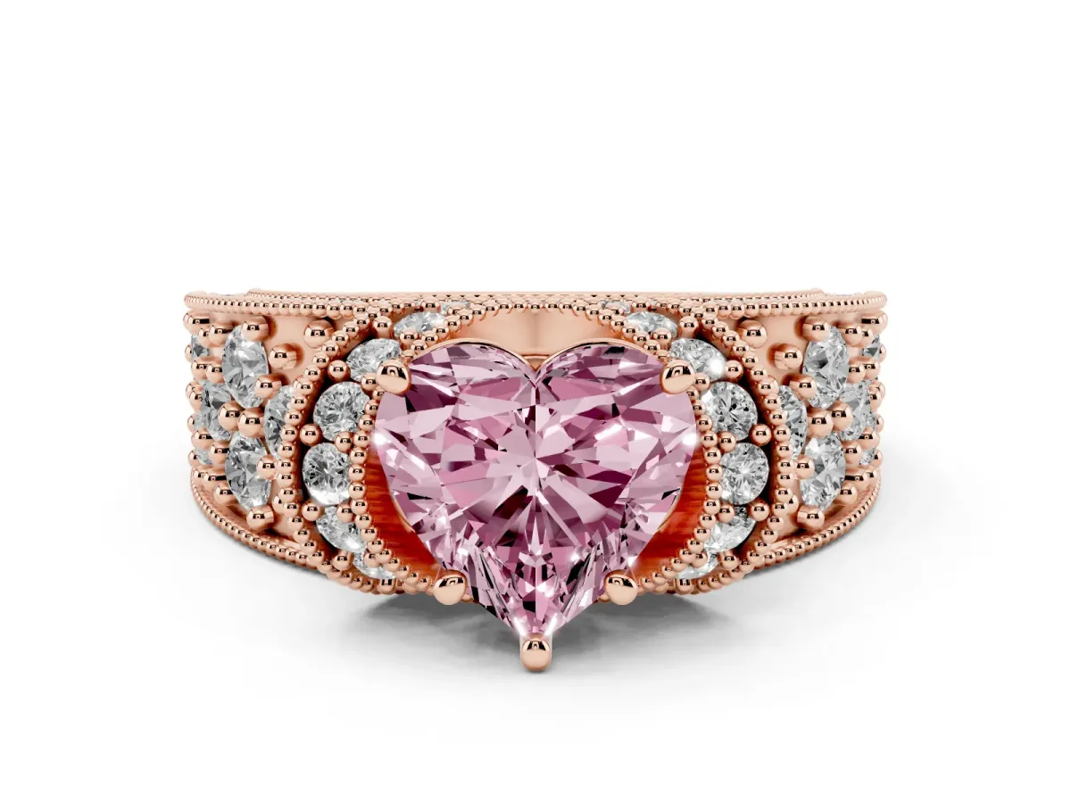 Fancy Pink Heart Cut Halo Pave Diamond Engagement Ring with Milgrain Detailing Rose gold
