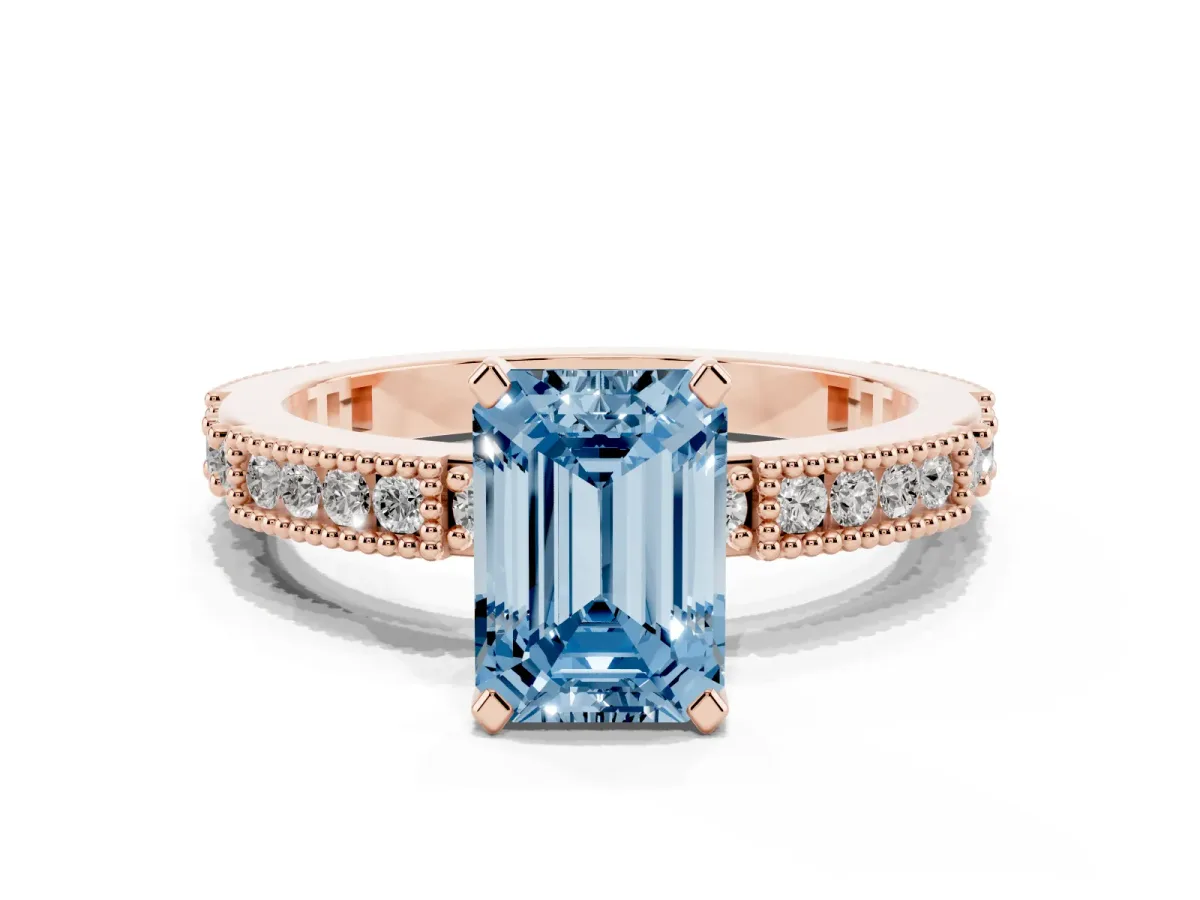 Fancy Blue Emerald Cut Solitaire with Pavé Band and Four-Prong Setting Rose gold