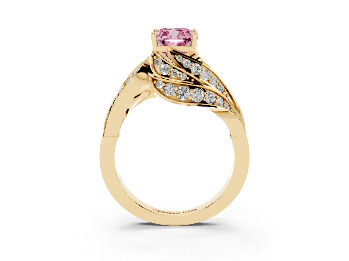 Fancy Pink Cushion Cut Diamond Solitaire Ring with Prong Setting and Twisted Pavé Band Yellow gold