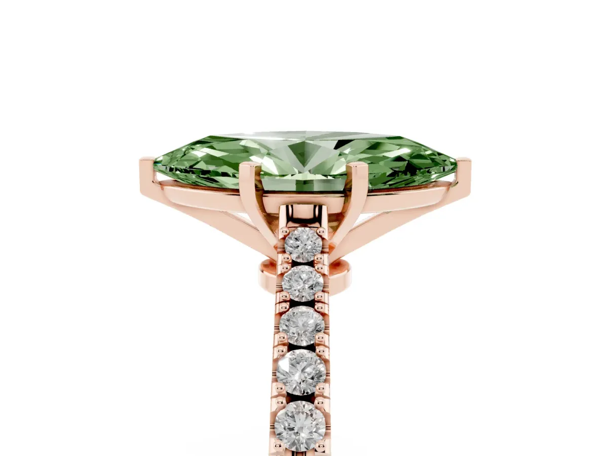 Fancy Green Marquise Cut Cut Solitaire Diamond Engagement Ring with Pave Band and Four-Prong Setting Rose gold