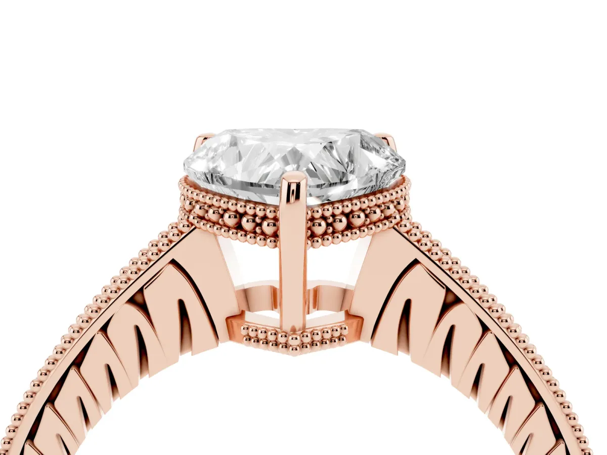 Heart Cut Solitaire Pavé Diamond Milgrain Engagement Ring with Four-Prong Setting Rose gold