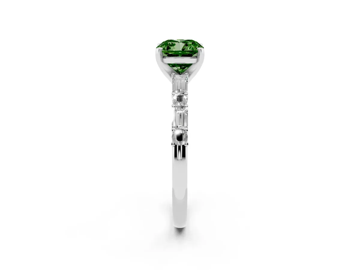Fancy Green Cushion Cut Diamond Solitaire with Side Baguettes and Channel Set Band Silver