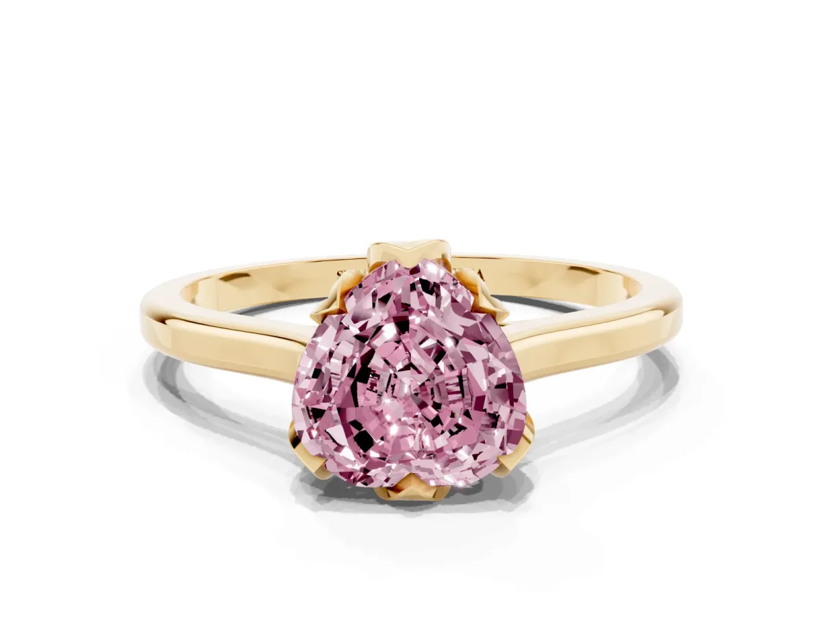 Fancy Pink Heart Cut Diamond Solitaire Ring with Flower Prong Setting and Classic Band Yellow gold