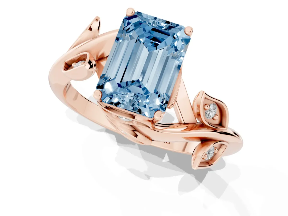 Fancy Blue Emerald Cut Solitaire Twist Engagement Ring with Leaf Accents and Prong Setting Rose gold