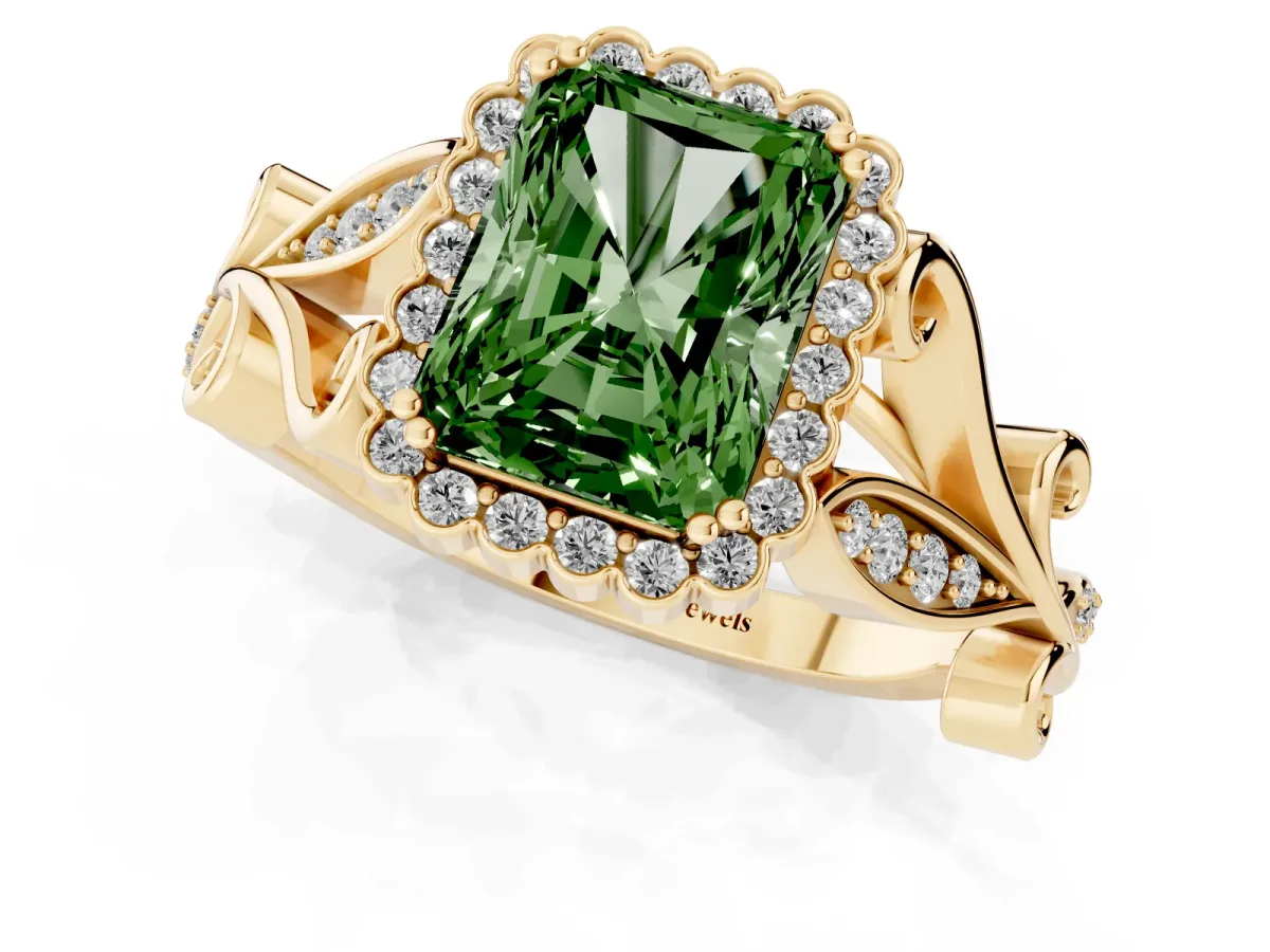 Fancy Green Radiant Cut Diamond Halo Ring with Vintage Split Shank and Four-Prong Setting Yellow gold