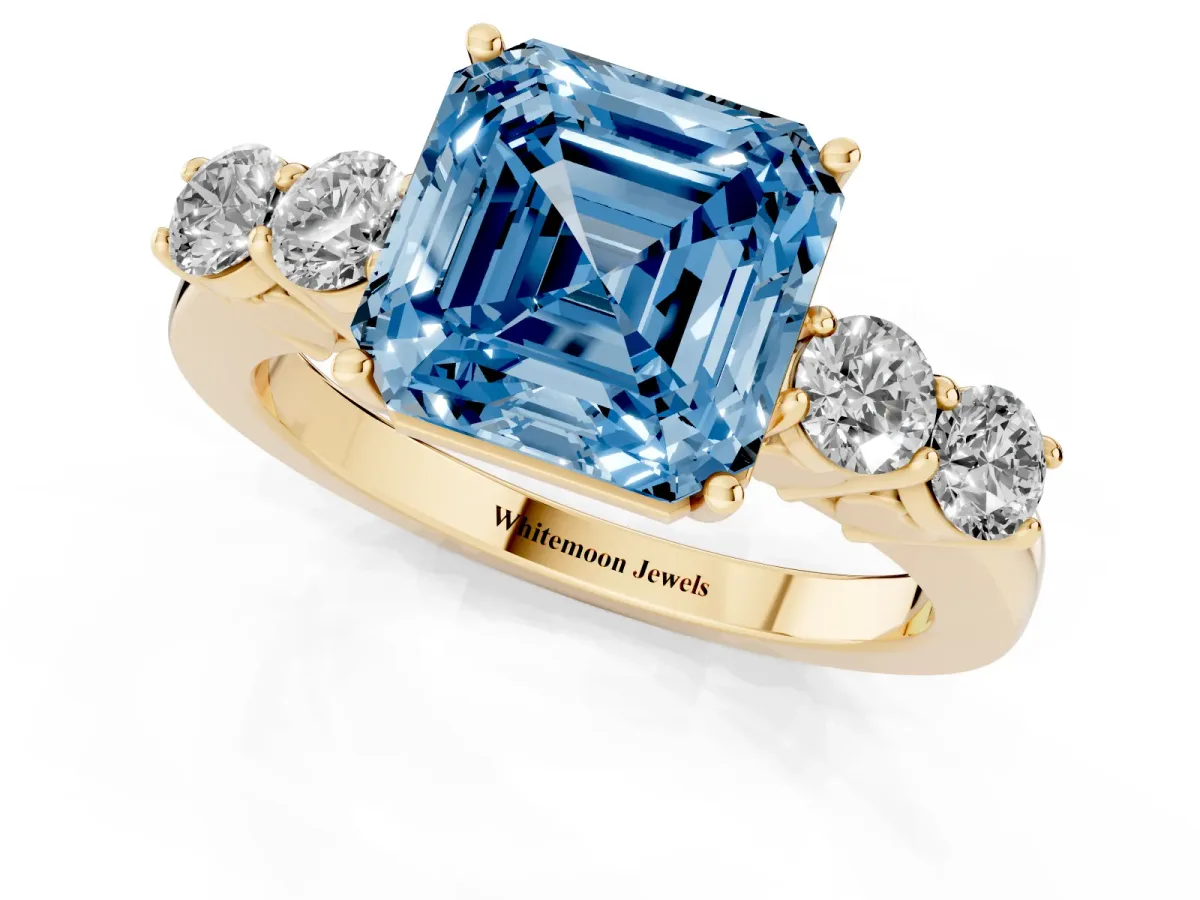 Fancy Blue Asscher Cut Cut Diamond Five-Stone Prong Set White Gold Ring Yellow gold