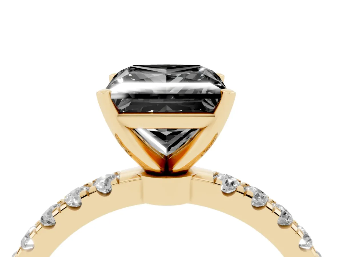 Fancy Black Princess Cut Diamond Solitaire Ring with Pavé Accents and Four-Prong Setting Yellow gold