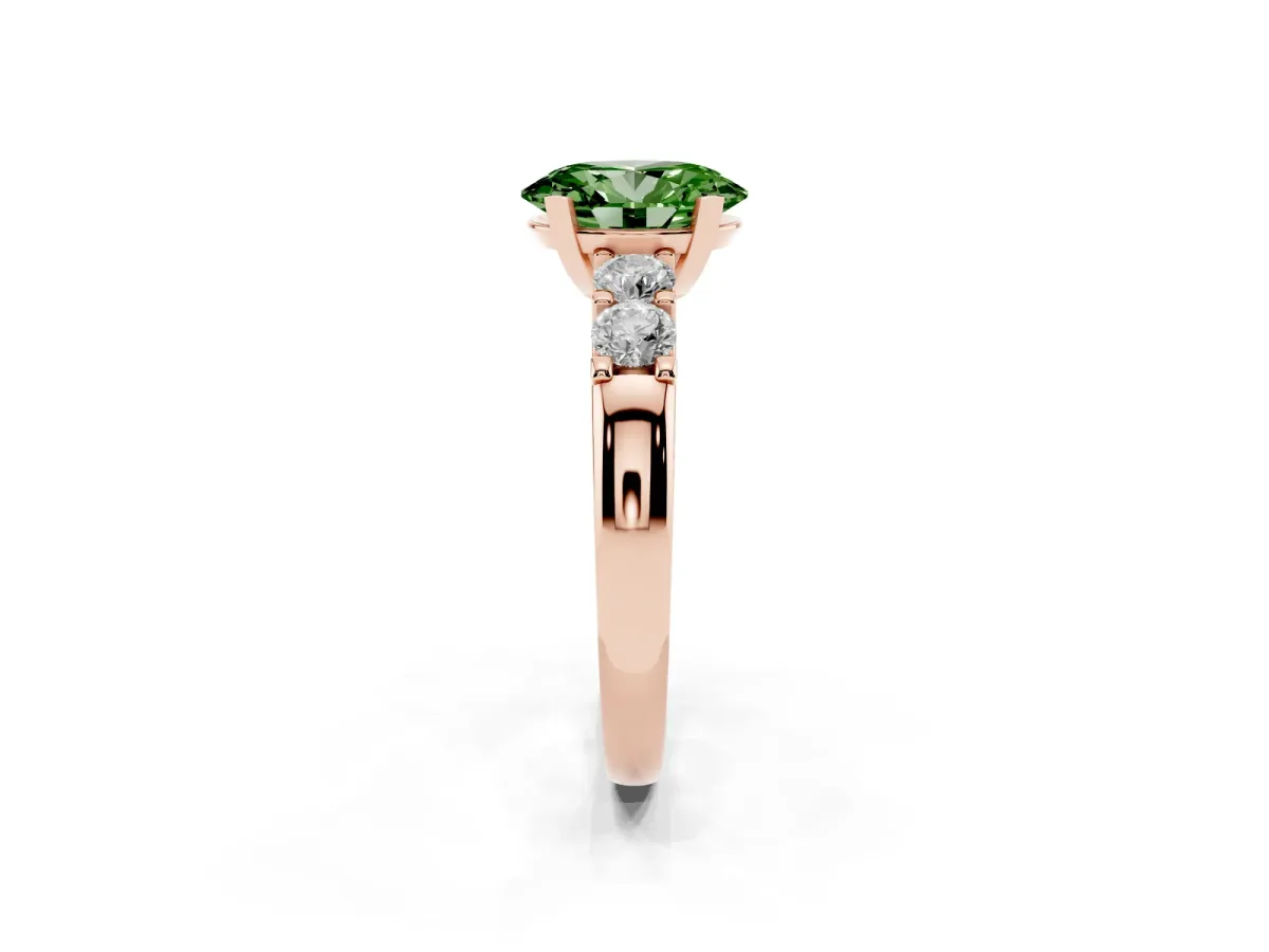 Fancy Green Oval Cut Brilliant Cut Diamond Five-Stone Prong Set Engagement Ring with Channel Band Rose gold