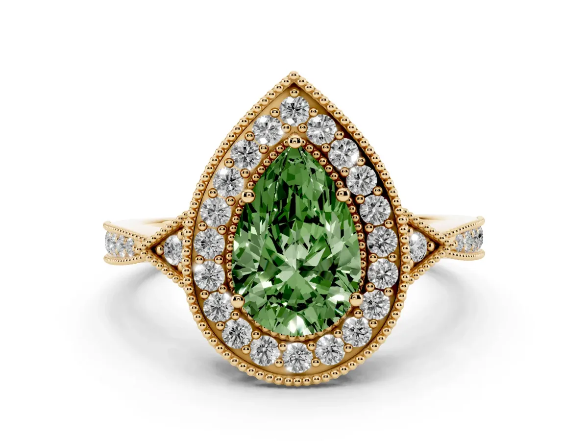 Fancy Green Pear Cut Halo Round Diamond Milgrain Pave Engagement Ring Yellow gold