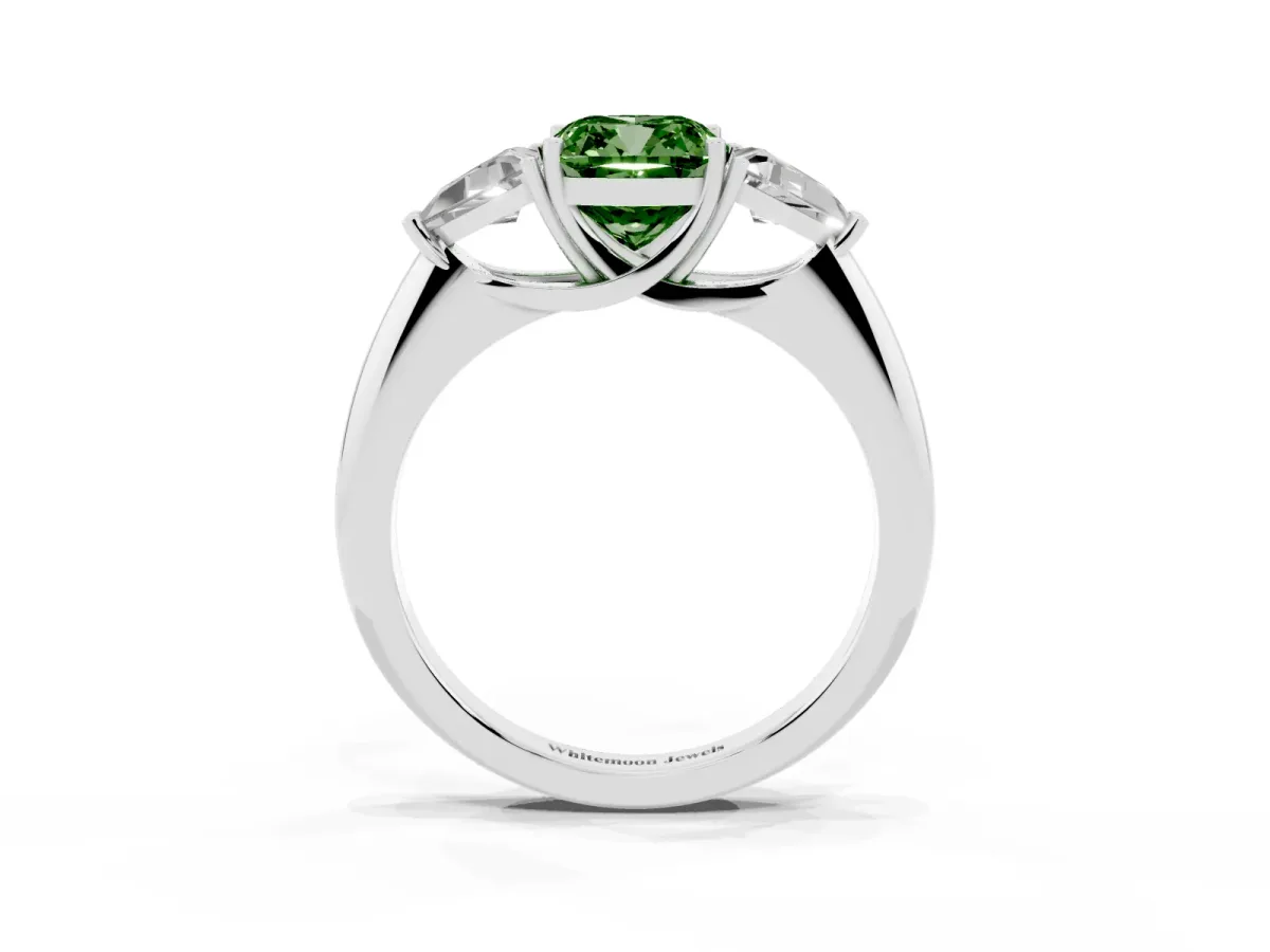 Fancy Green Three-Stone Cushion Cut Diamond Engagement Ring with Trillion Side Stones and Prong Setting Silver