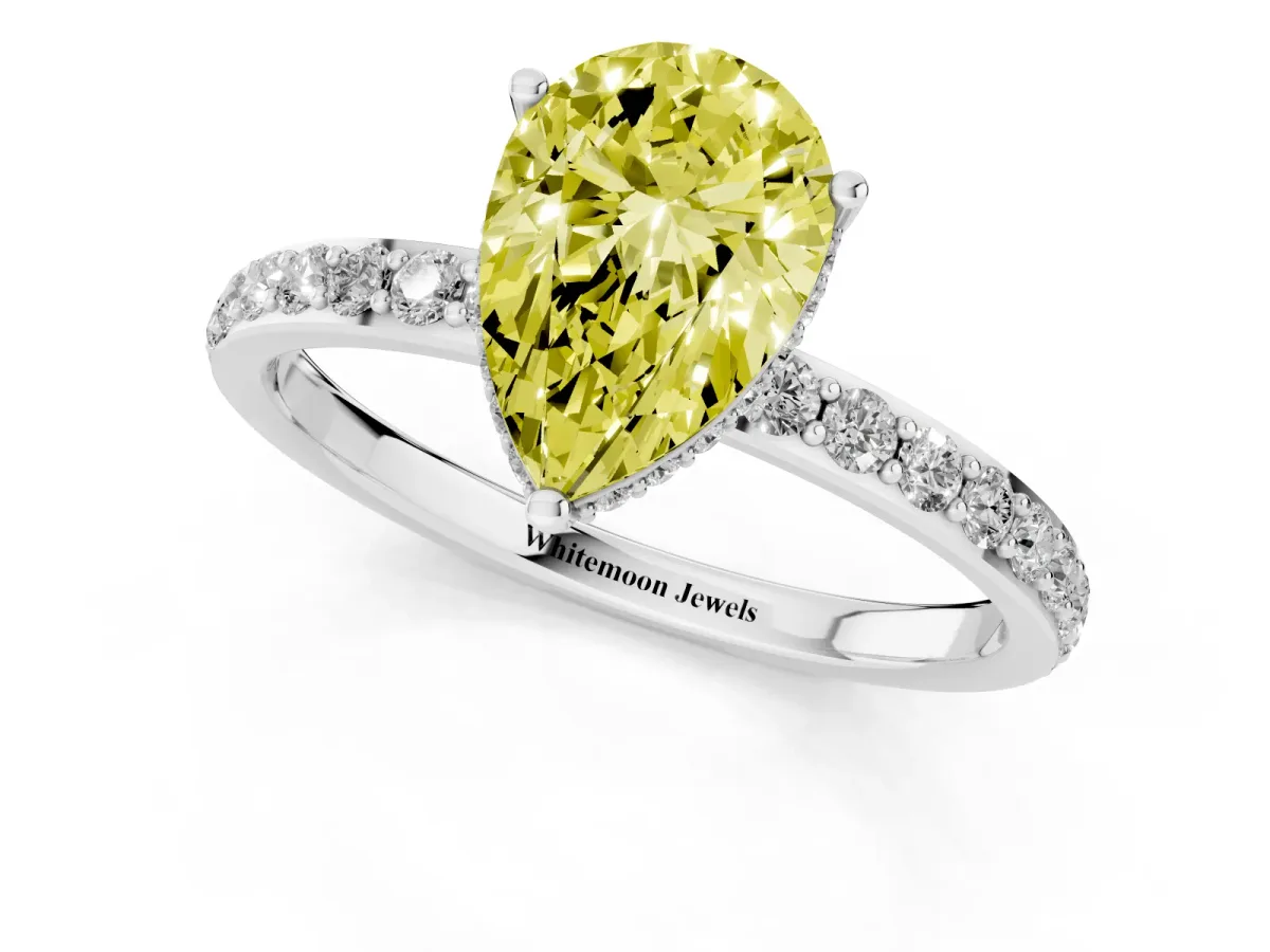 Fancy Yellow Pear Cut Diamond Solitaire Ring with Pavé Band and Hidden Halo Silver