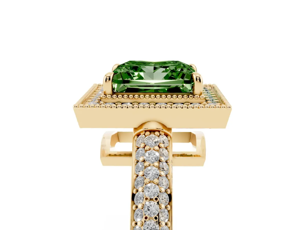 Fancy Green Princess Cut Cut Halo Diamond Pave Band with Four-Prong Setting Yellow gold