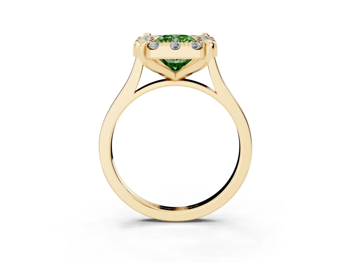 Fancy Green Radiant Cut Diamond Cluster Halo Solitaire with Four-Prong Setting Yellow gold