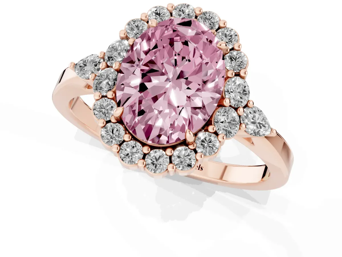 Fancy Pink Oval Cut Diamond Halo Ring with Pear Side Stones and Prong Setting Rose gold