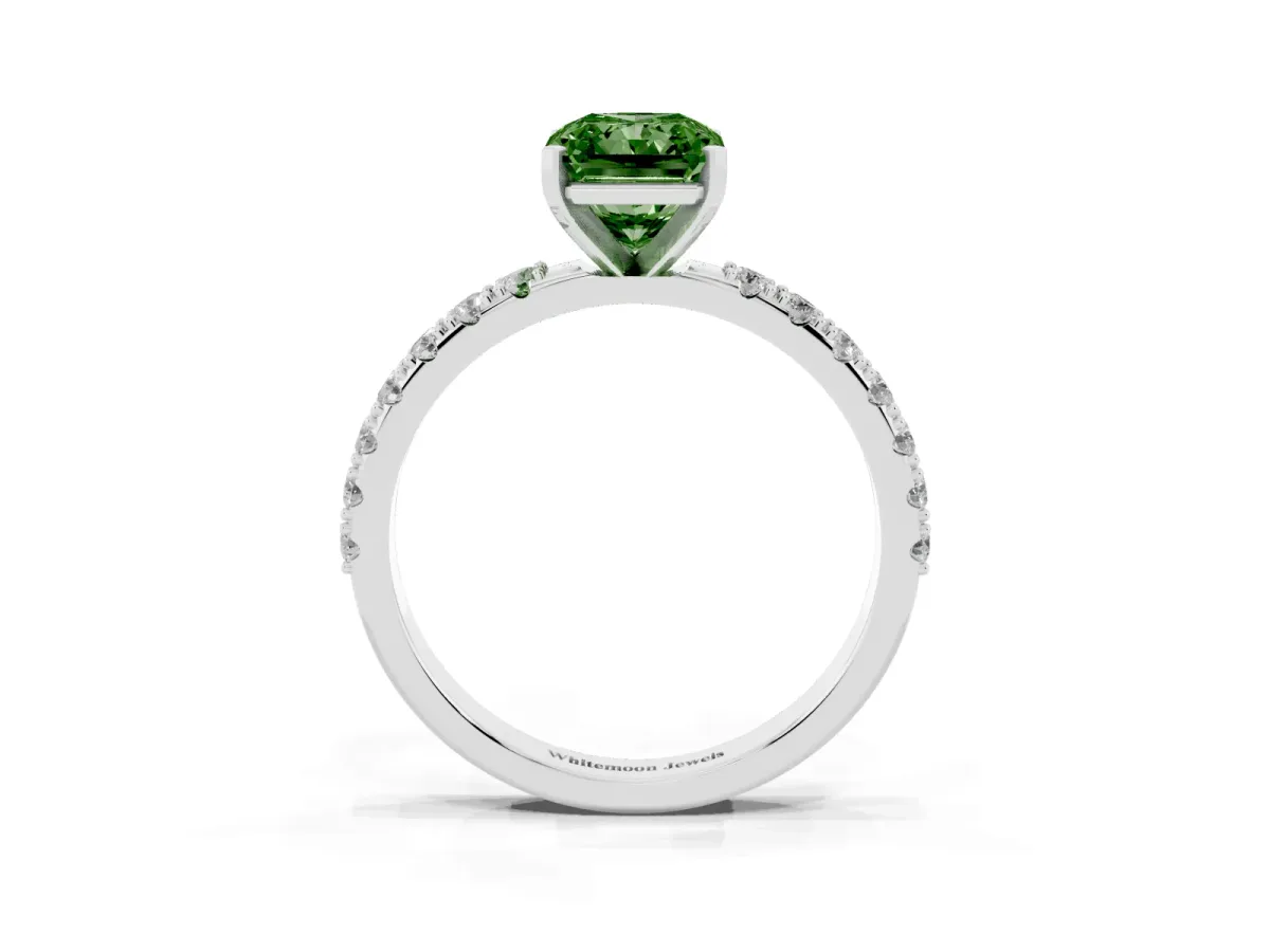 Fancy Green Radiant Cut Diamond Solitaire Pavé Band with Four-Prong Setting Silver