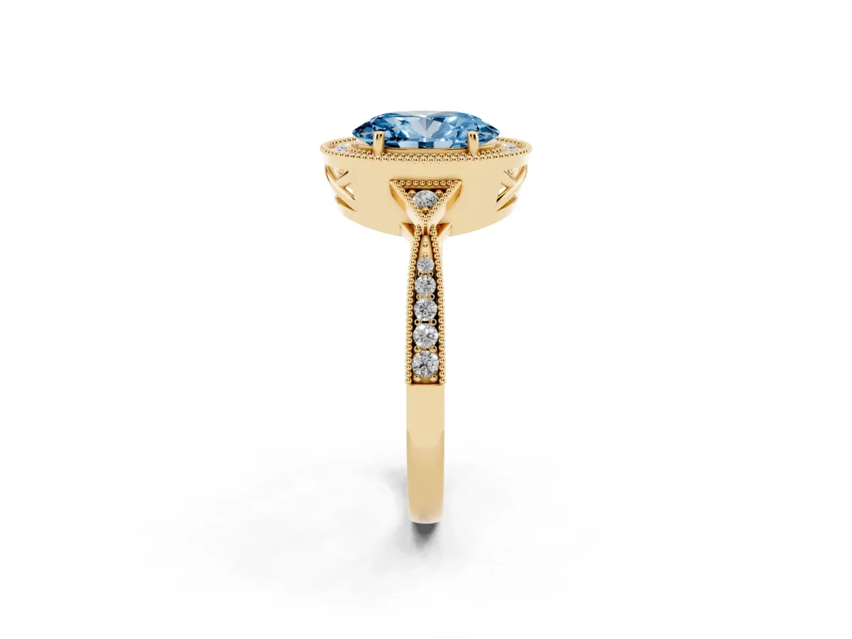 Fancy Blue Oval Cut Halo Round Diamond Milgrain Pave Engagement Ring Yellow gold