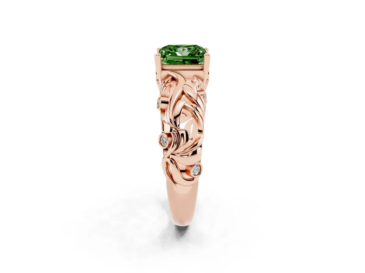 Fancy Green Princess Cut Solitaire Diamond Leaf-Inspired Vine Band Ring with Prong Setting Rose gold