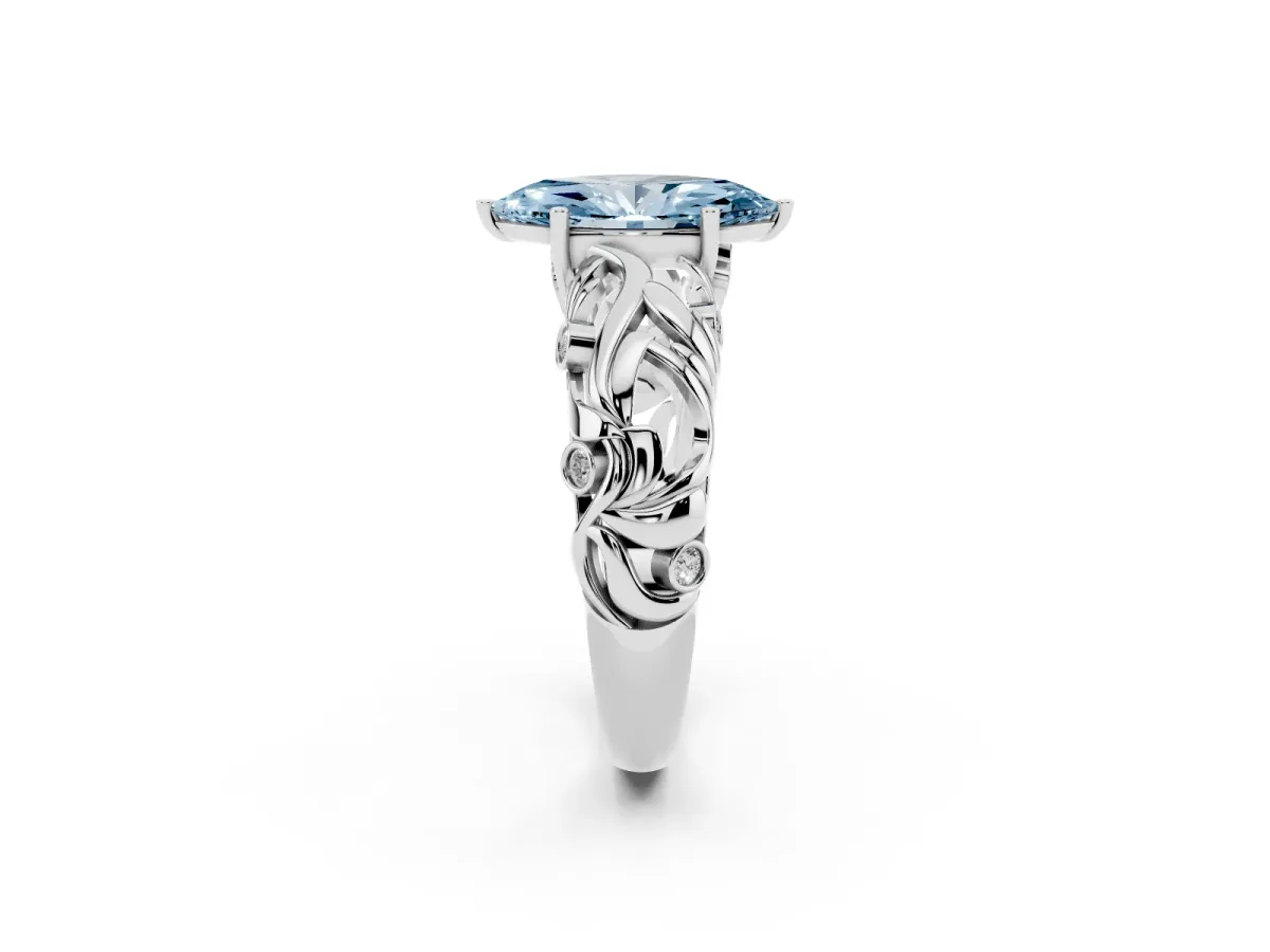 Fancy Blue Marquise Cut Solitaire Diamond Leaf-Inspired Vine Band Ring with Prong Setting Silver