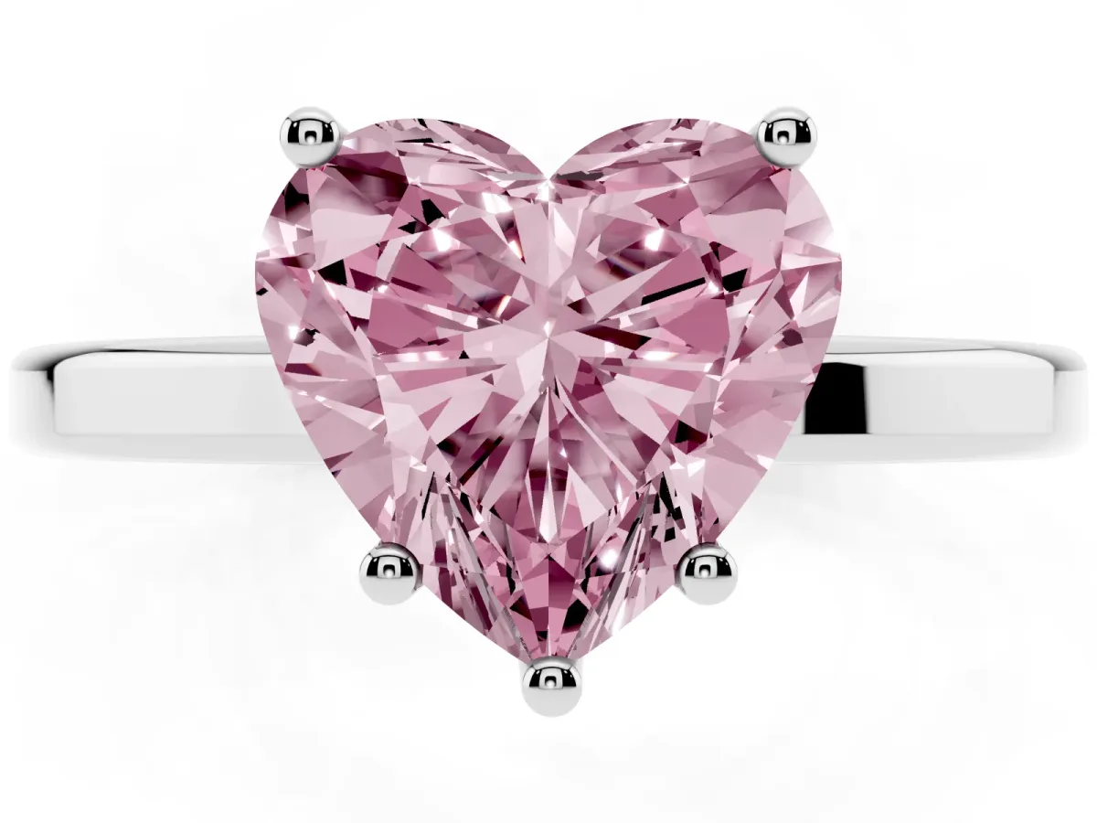 Fancy Pink Heart Cut Cut Solitaire Engagement Ring with Four-Prong Setting on a Classic Band Platinum