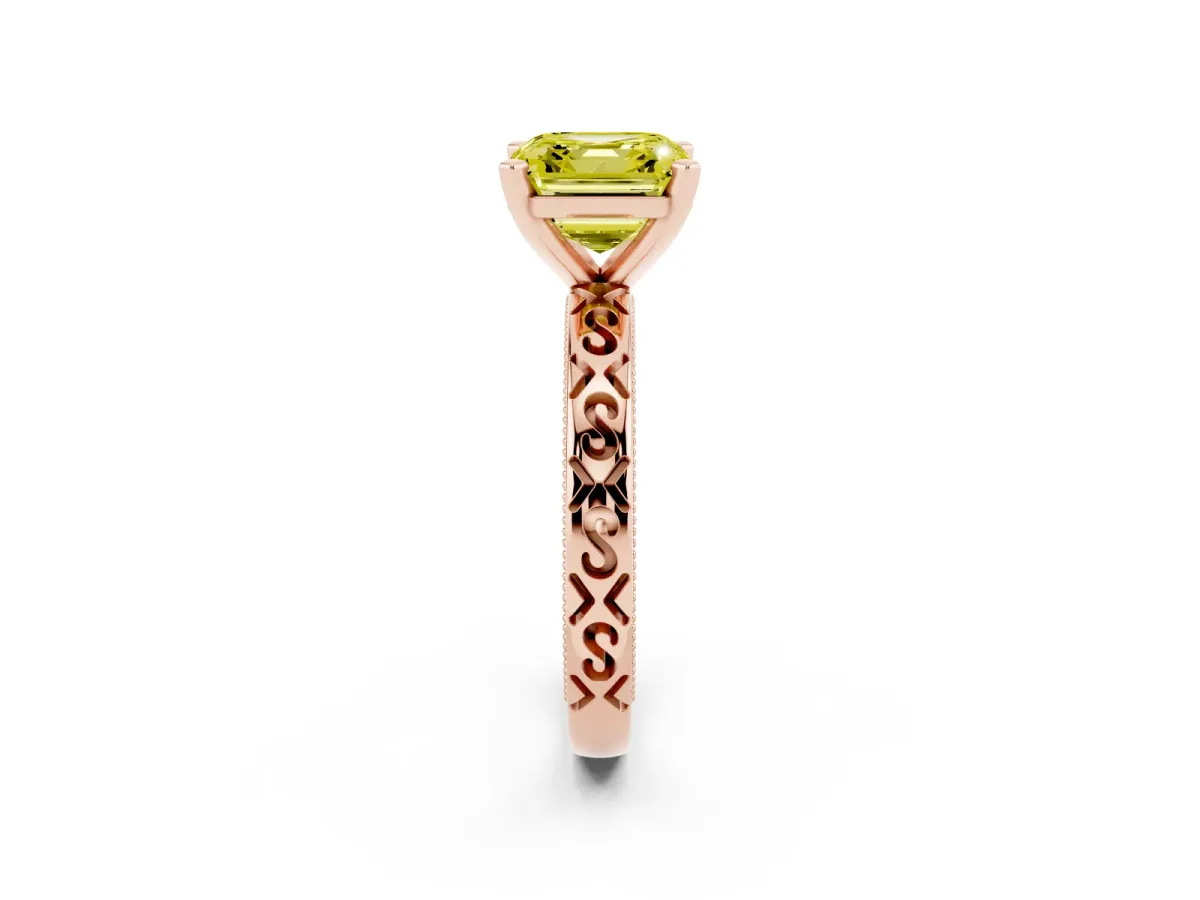 Fancy Yellow Asscher Cut Solitaire Engagement Ring with Scrollwork Band and Four-Prong Setting Rose gold