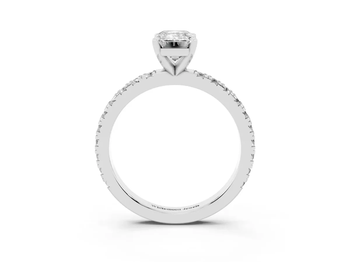 Emerald Cut Diamond Pavé Band Solitaire with Four-Prong Setting Silver