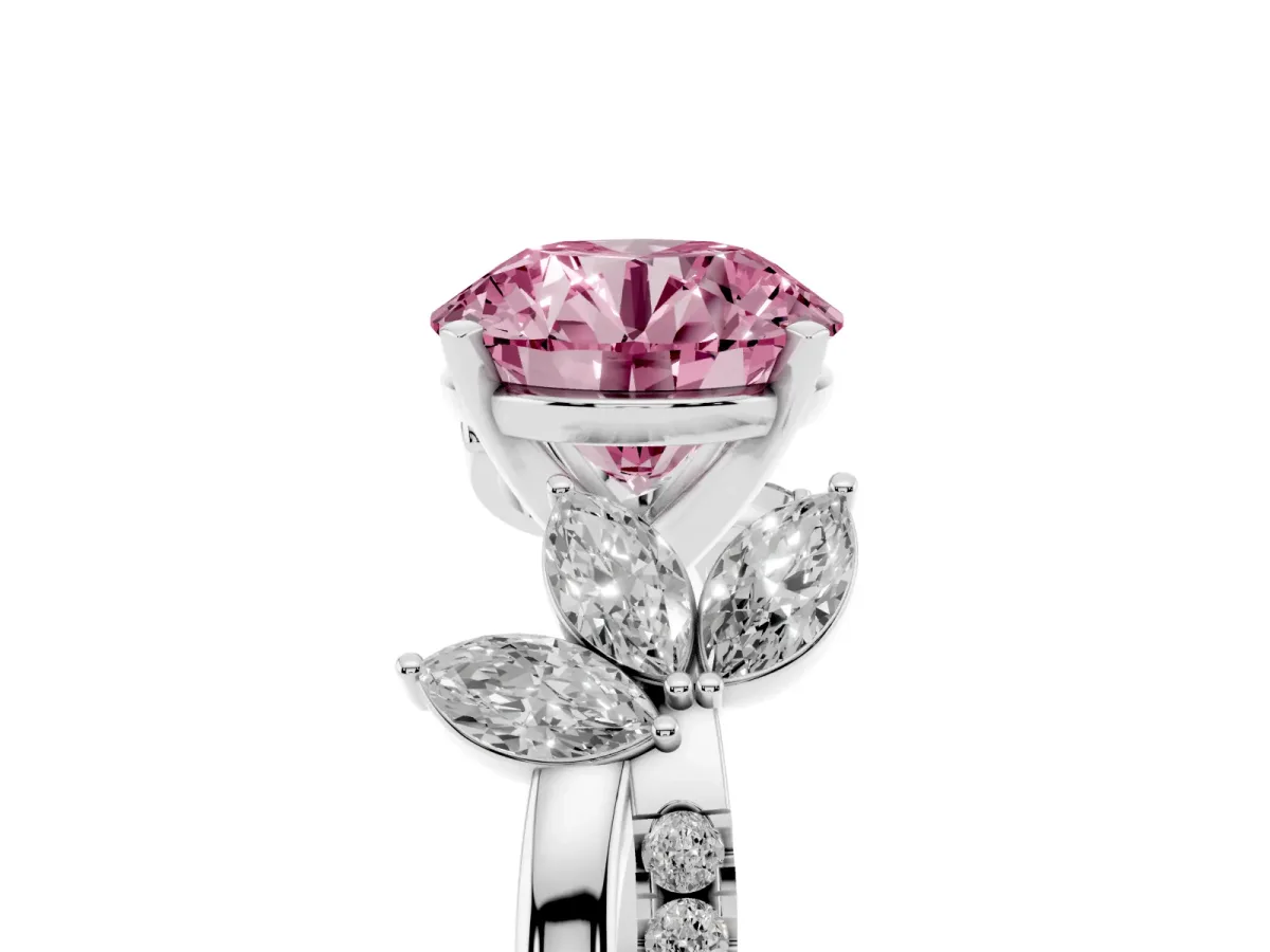Fancy Pink Round Cut Diamond Floral Vine Solitaire Engagement Ring Silver