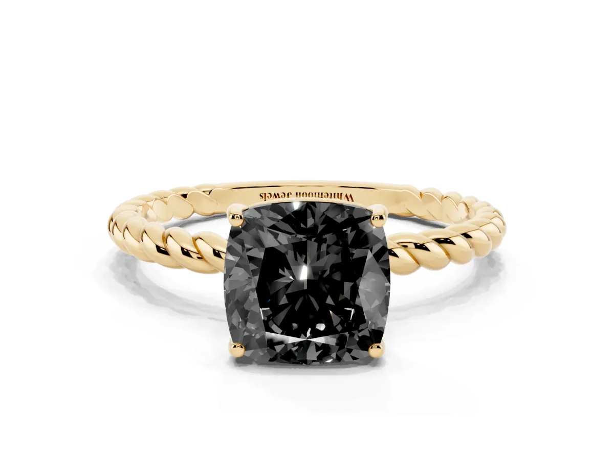 Fancy Black Cushion Cut Solitaire Twisted Band 4-Prong Ring Yellow gold