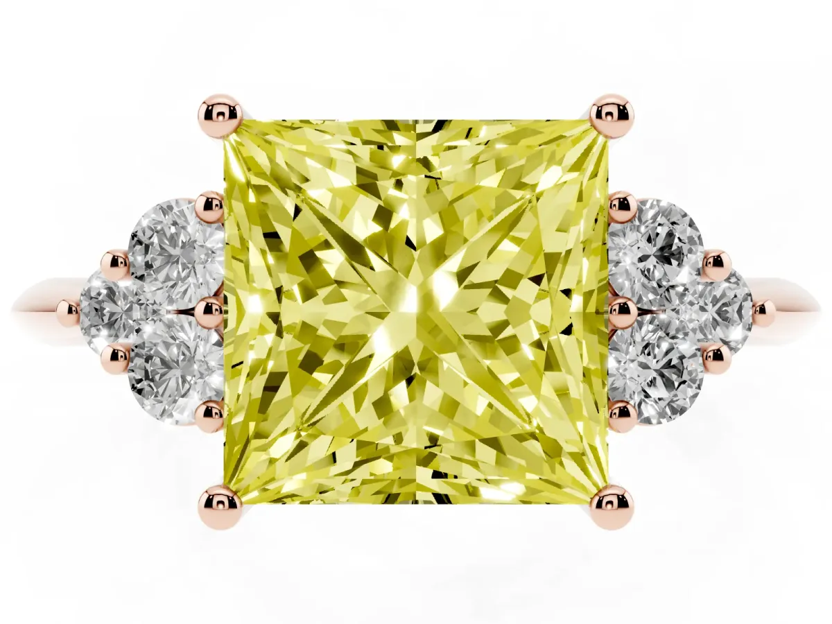 Fancy Yellow Princess Cut Cut Diamond Cluster Ring with Solitaire Band and Four-Prong Setting Rose gold