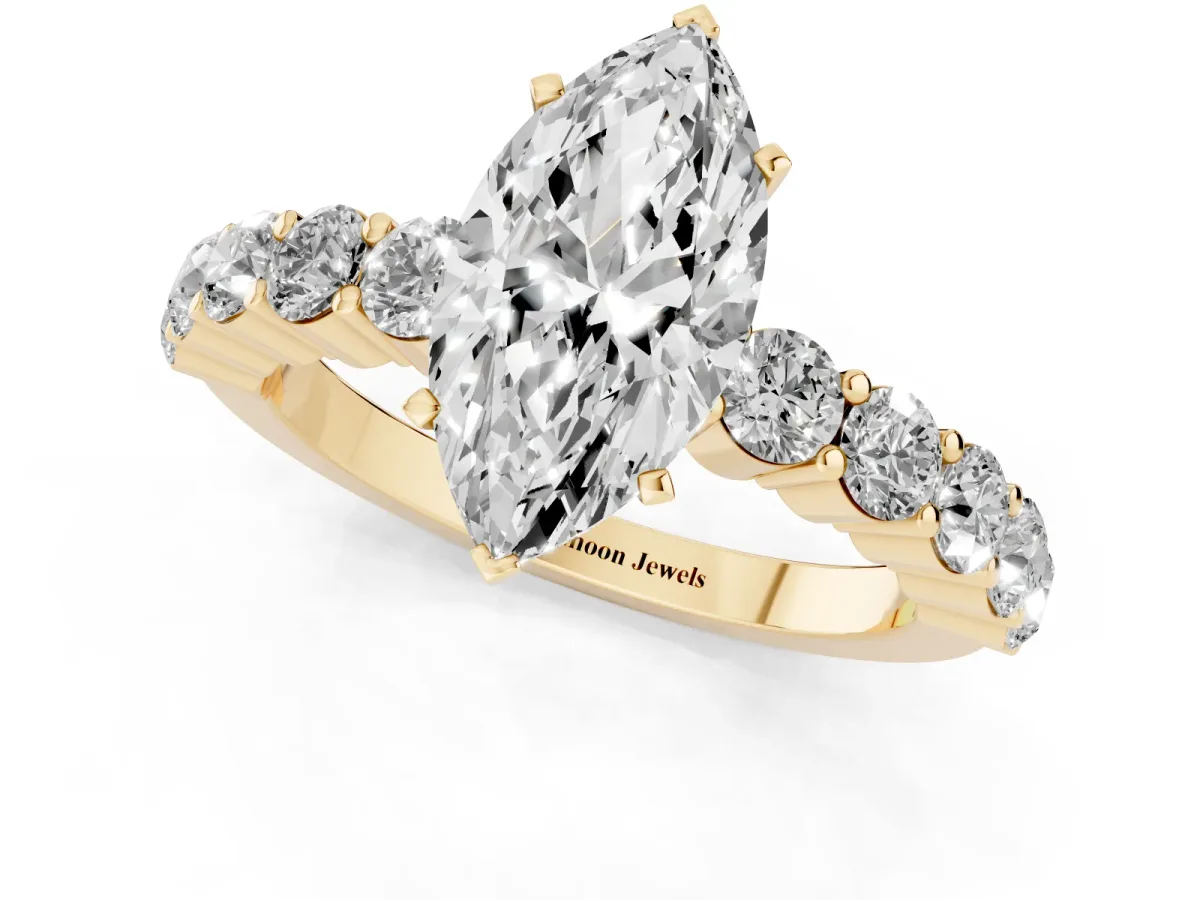 Marquise Cut Diamond Solitaire Ring with Shared Prong Round Side Stones Yellow gold