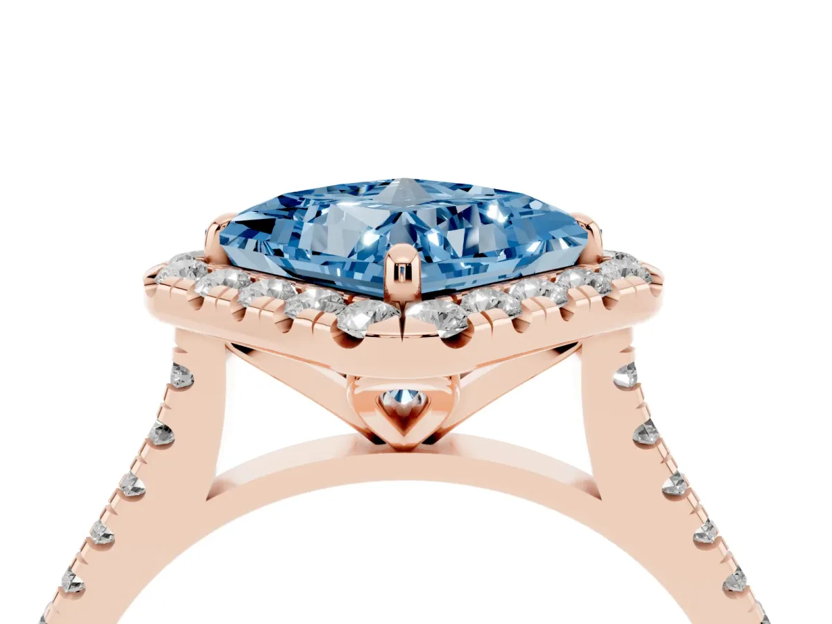 Fancy Blue Princess Cut Diamond Cushion Halo Ring with Pavé Band Rose gold