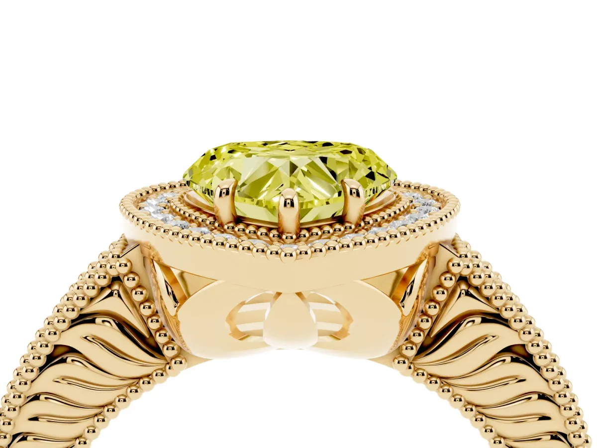 Fancy Yellow Heart Cut Cut Halo Diamond Ring with Pavé Band and Four-Prong Setting Yellow gold
