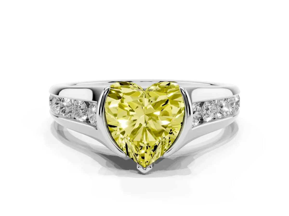 Fancy Yellow Heart Cut Solitaire Bezel-Set Diamond Ring with Channel-Set Band Silver