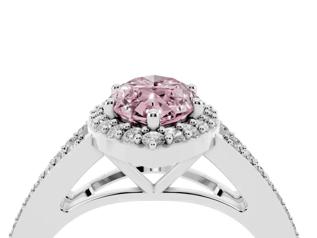 Fancy Pink Marquise Cut Halo Split Shank Pave Diamond Ring with Four-Prong Setting Platinum