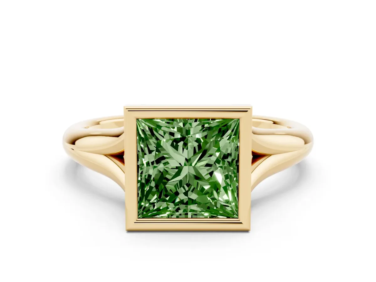 Fancy Green Bezel Set Princess Cut Solitaire Diamond Ring with Smooth Band Yellow gold
