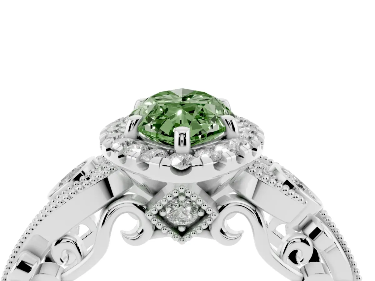 Fancy Green Marquise Cut Diamond Halo Ring with Milgrain Pavé Band and Four-Prong Setting Platinum