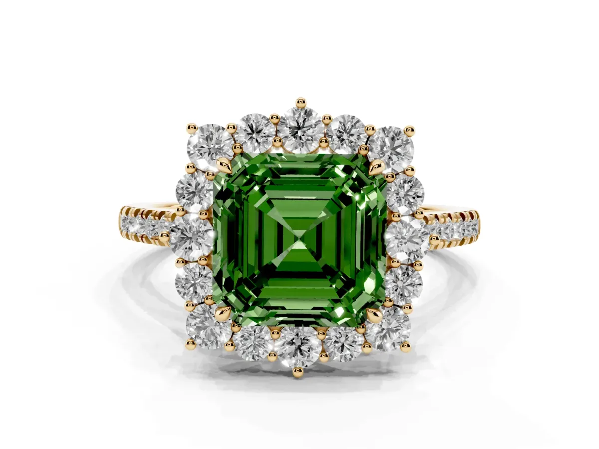 Fancy Green Asscher Cut Halo Diamond Ring with Pavé Band and Prong Setting Yellow gold