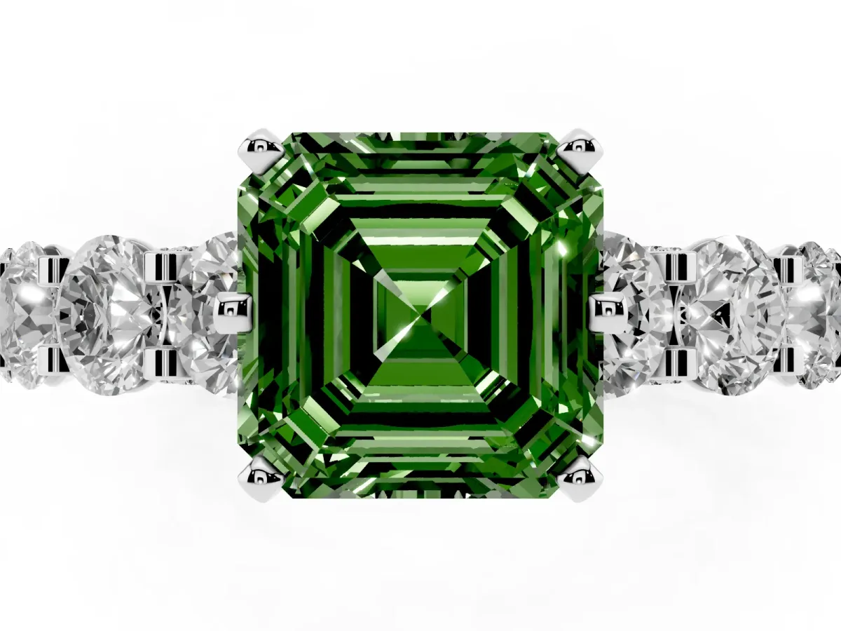 Fancy Green Asscher Cut Diamond Side Stone Engagement Ring with Four-Prong Setting White gold