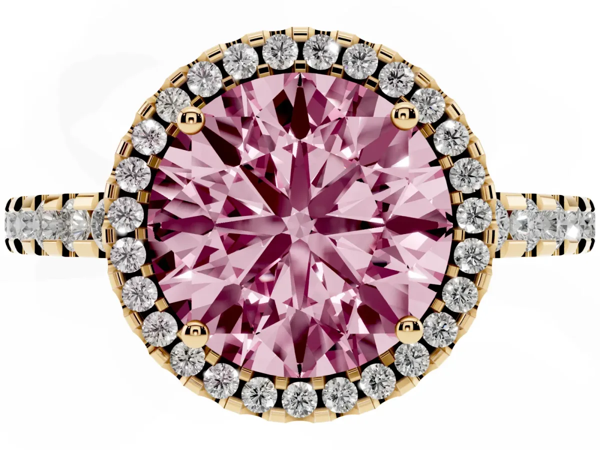 Fancy Pink Round Cut Diamond Halo Engagement Ring with Pavé Band and Prong Setting Yellow gold