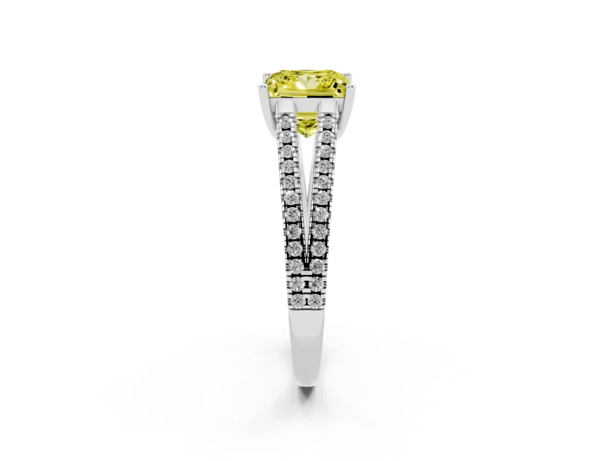 Fancy Yellow Princess Cut Diamond Solitaire Engagement Ring with Split Shank Pavé Band Platinum