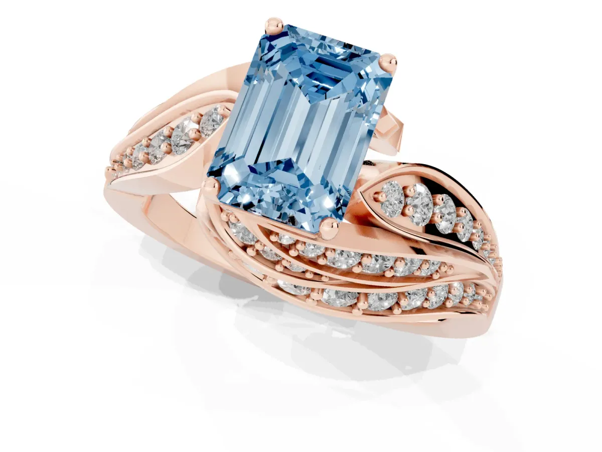 Fancy Blue Emerald Cut Diamond Solitaire Ring with Prong Setting and Twisted Pavé Band Rose gold