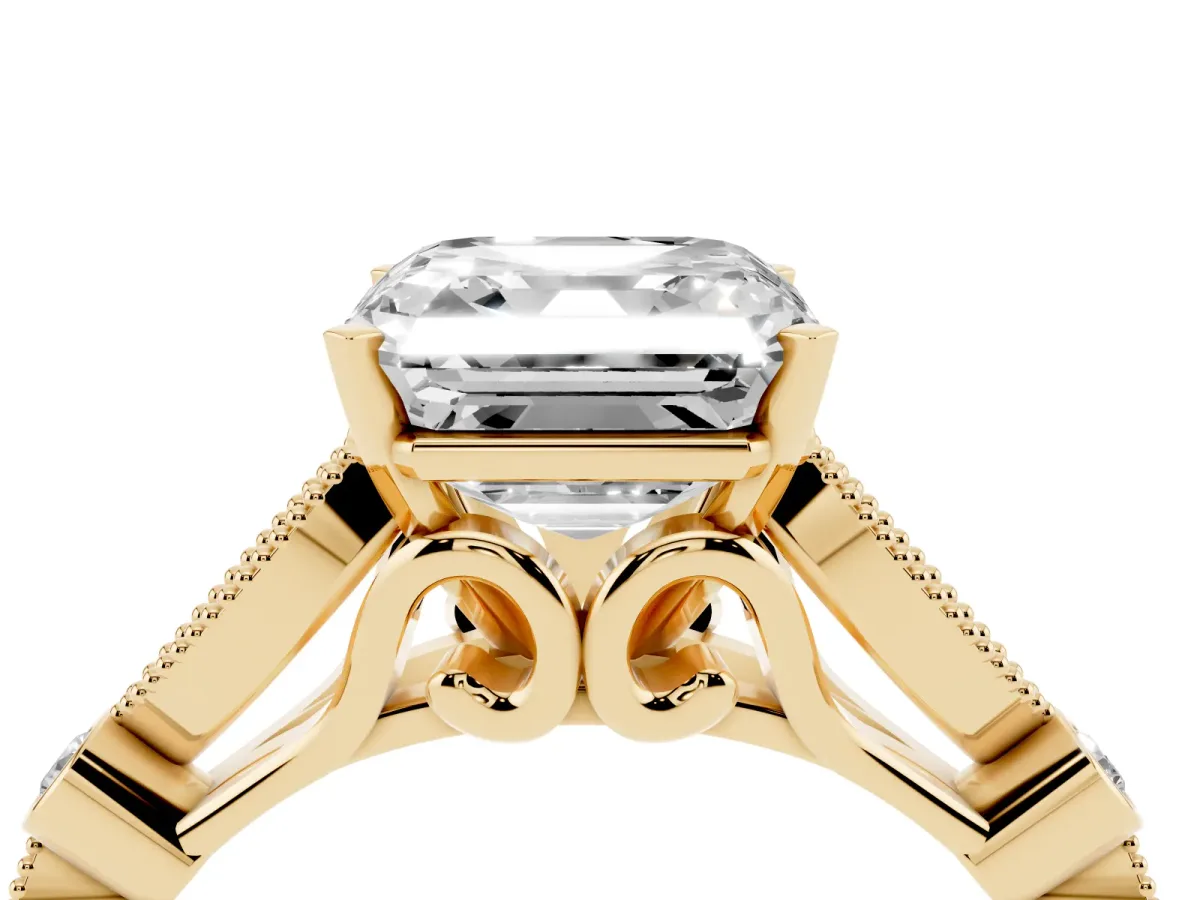 Asscher Cut Cut Diamond with Milgrain Marquise and Bezel Accents on a Solitaire Band with Prong Setting Yellow gold