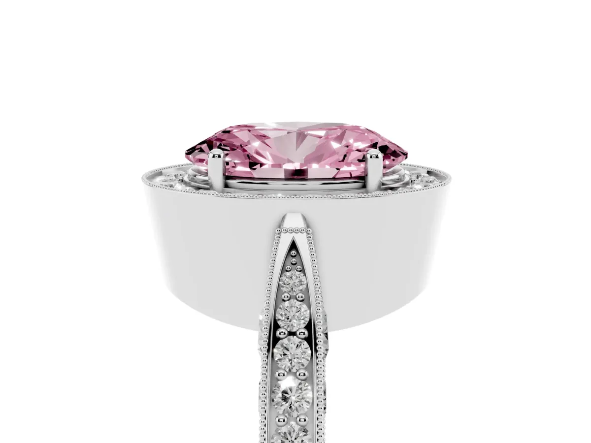 Fancy Pink Oval Cut Halo Diamond Engagement Ring with Split Shank Band and Four-Prong Setting Silver