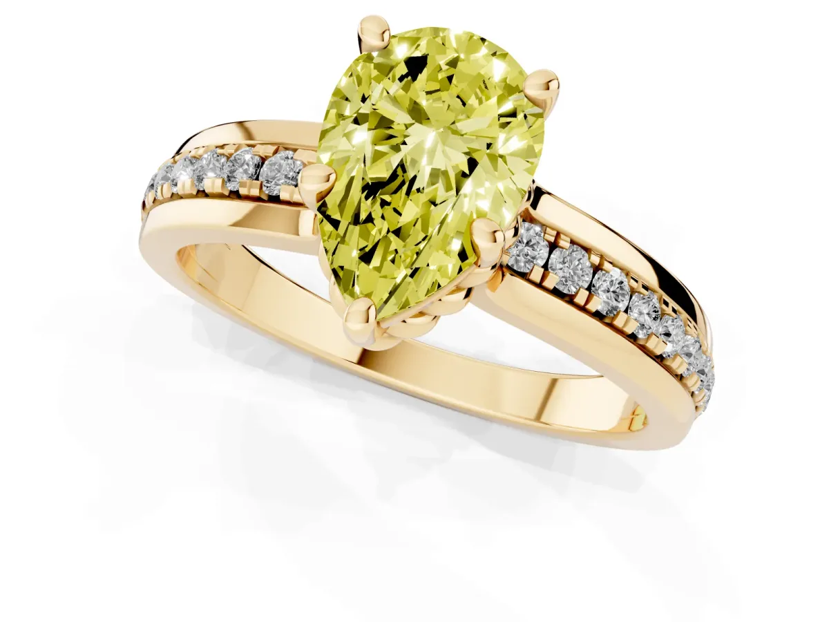 Fancy Yellow Pear Cut Solitaire Diamond Ring with Channel Set Band and Six-Prong Setting Yellow gold