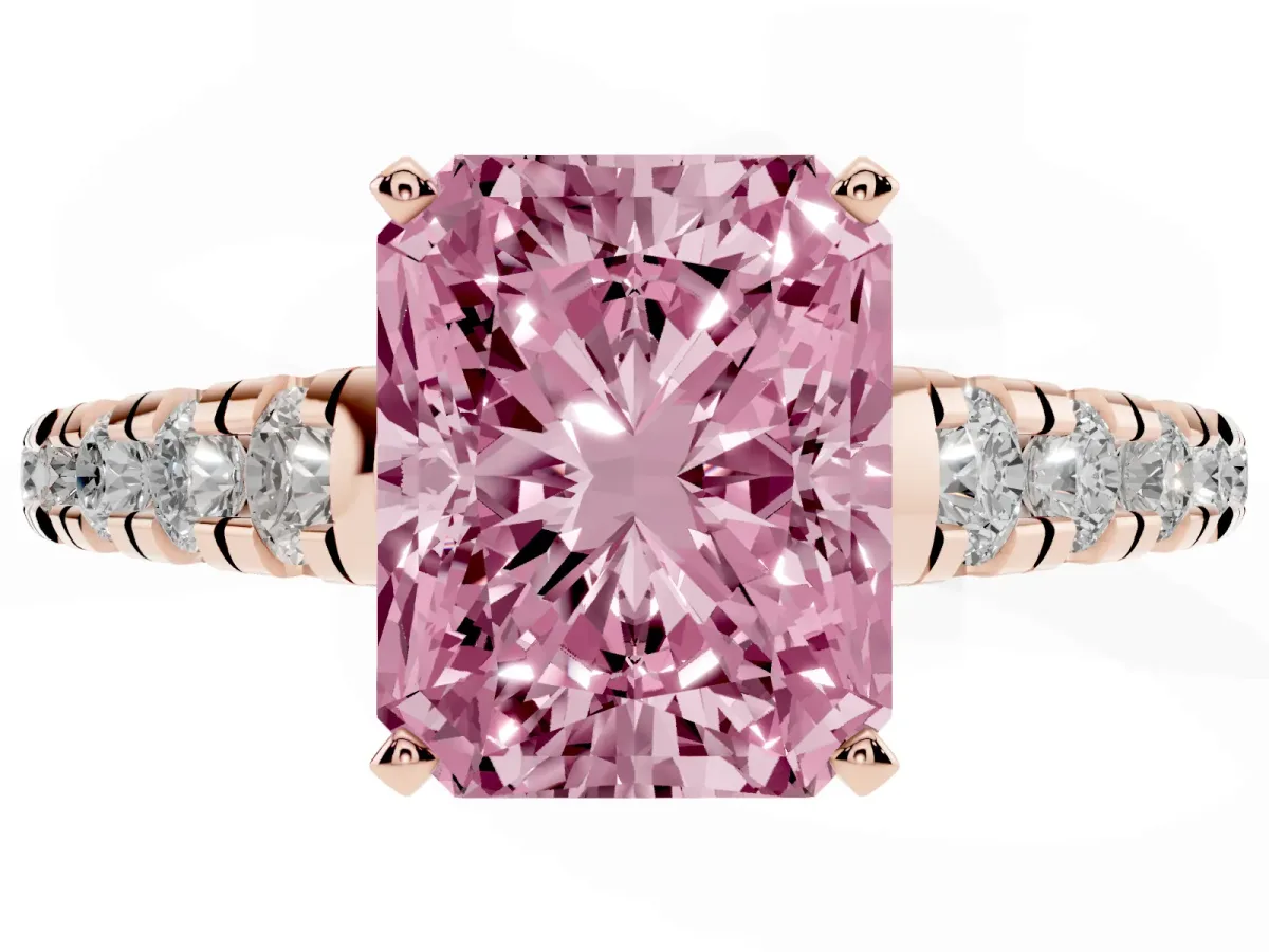 Fancy Pink Radiant Cut Diamond Cathedral Solitaire Ring with Round Pavé Band Rose gold