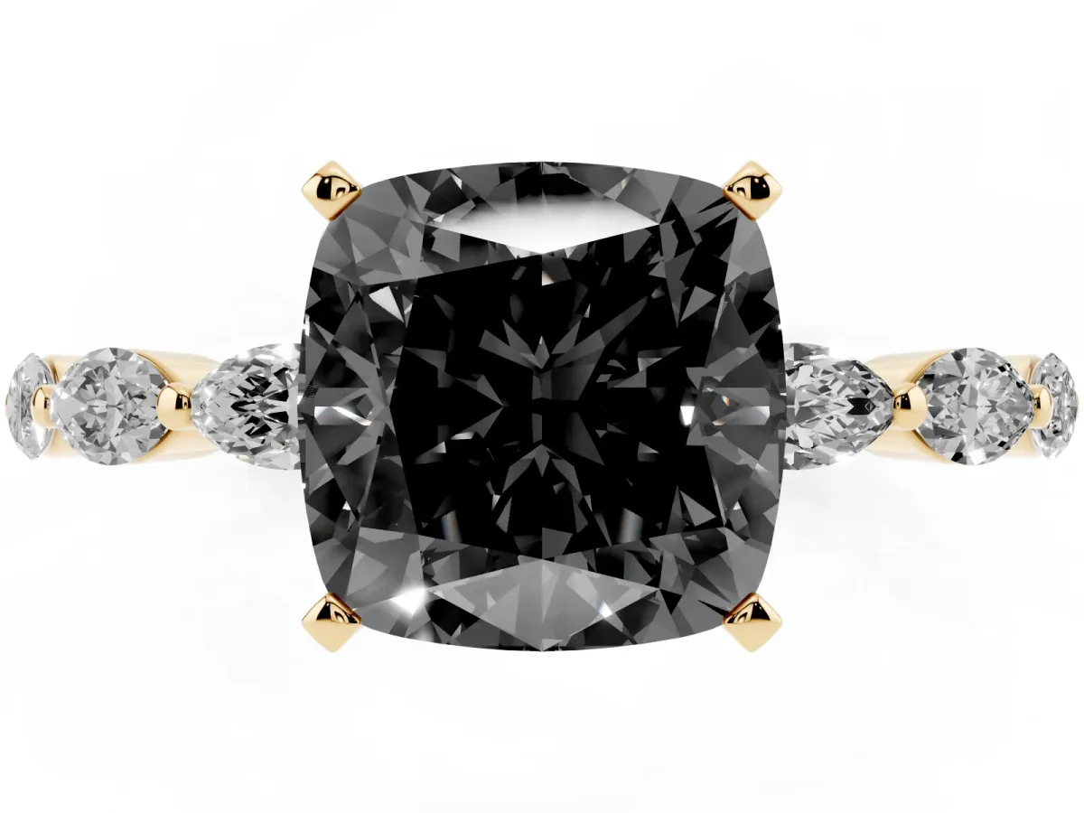Fancy Black Cushion Cut Diamond Ring with Marquise Side Stones and Prong Setting Yellow gold